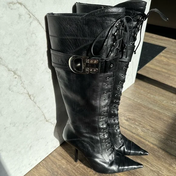 SOLD ‼️ Christian Dior Boots Black Pointed Toe Leather Lace Up - Picture 3 of 4